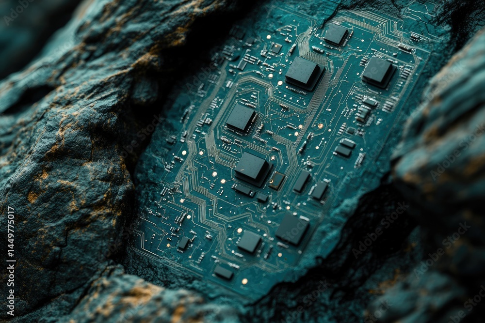 Poster a close-up of a circuit board nestled within a rugged, dark rock formation, suggesting technological