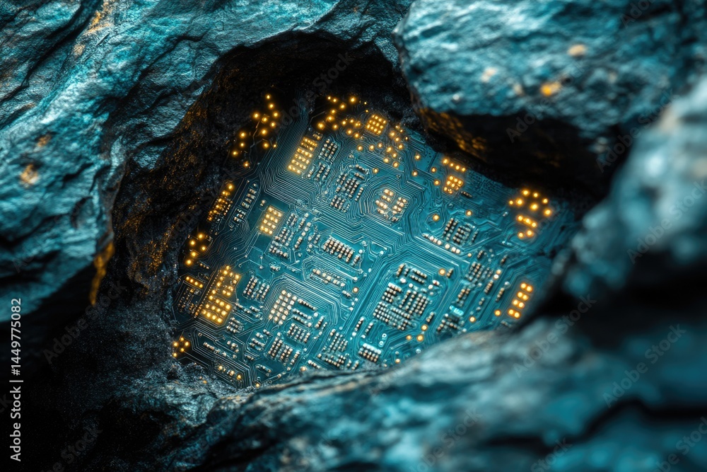 Poster A circuit board embedded within a rocky crevice, symbolizing the hidden technological heart of our world.