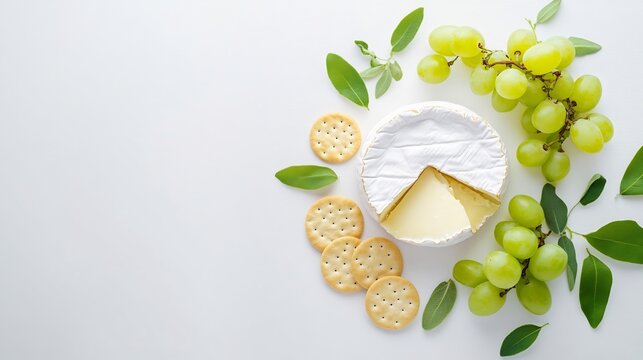Top down view of creamy French brie cheese wheel white background partially sliced show soft interior served crackers grapes elegant cheese board concept France cut out isolated transparent background