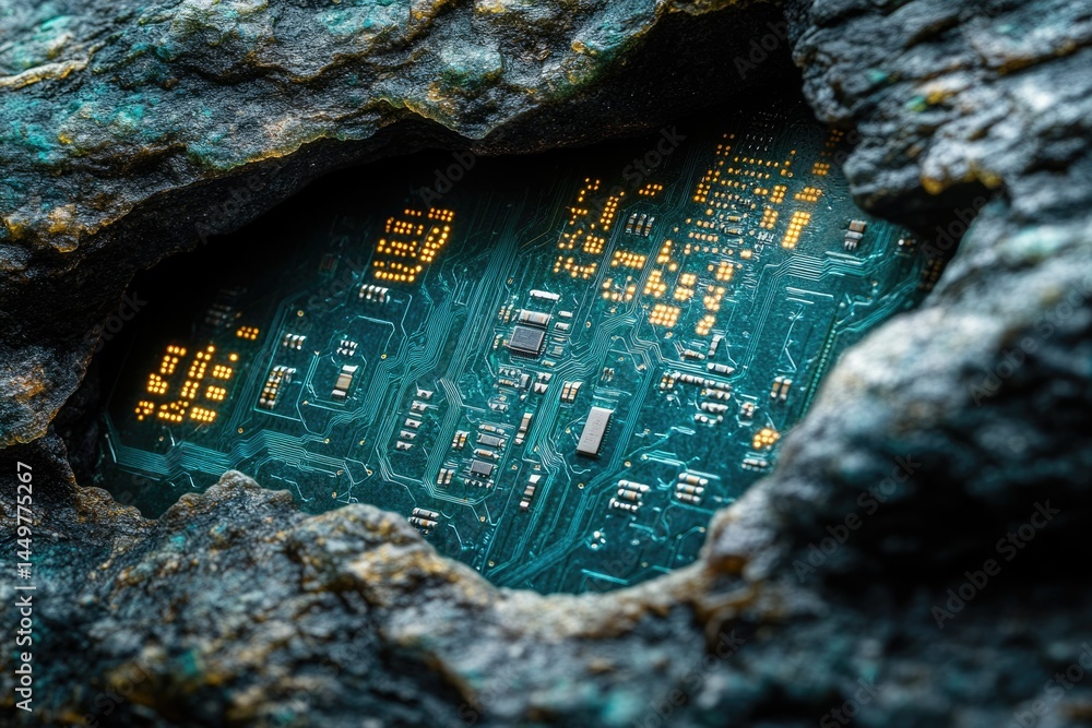 Aufkleber a circuit board nestled within a dark, rocky crevice, symbolizing hidden technology or unearthed inn