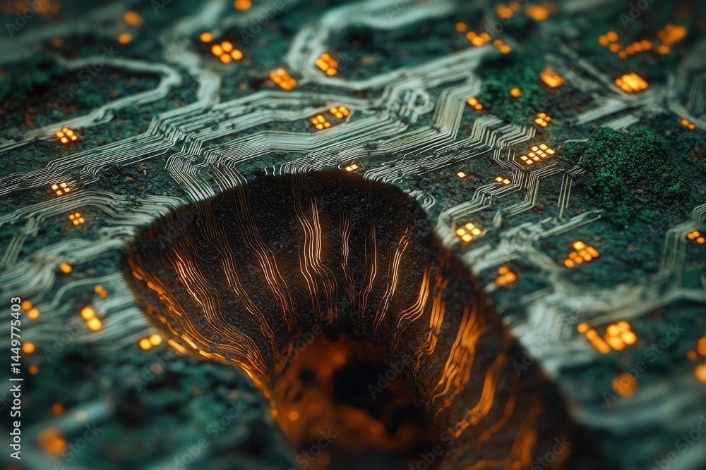 Poster a mesmerizing digital art depicting a circuit board's cross-section revealing glowing internal pathw