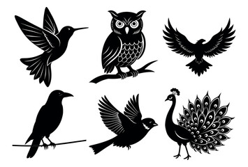 Fototapeta premium Set of birds vector silhouette on white background bundle of 6 birds
