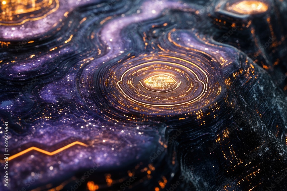 Poster abstract cosmic landscape with glowing concentric circles and swirling nebulae, resembling a futuris