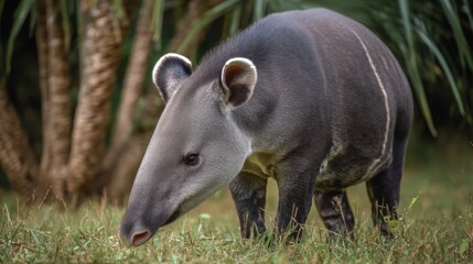 Low-angle Close-up of a Mountain Tapir Grazing in Lush Tropical Foliage