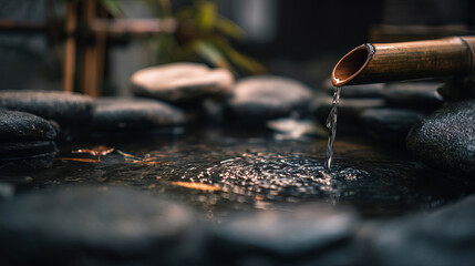 Obraz premium Serene Japanese Bamboo Fountain in Zen Garden – Tranquil Spiritual Scene with Stone and Water Ripples 300 DPI