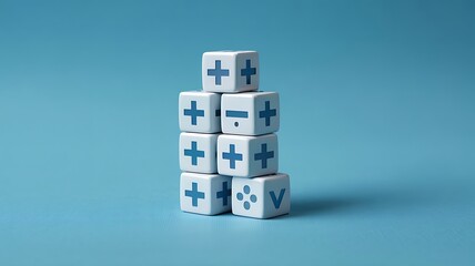 Stack Of White Dice With Blue Symbols On Blue Background Represents Abstract Concepts Including Math Logic And Programming