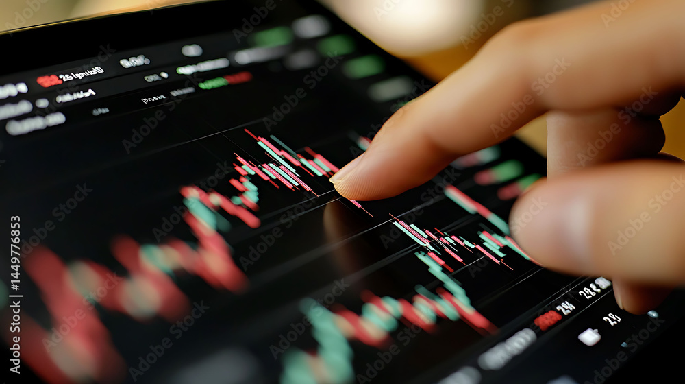 Aufkleber closeup of a finger interacting with a tablet displaying dynamic stock market data. red and green ca