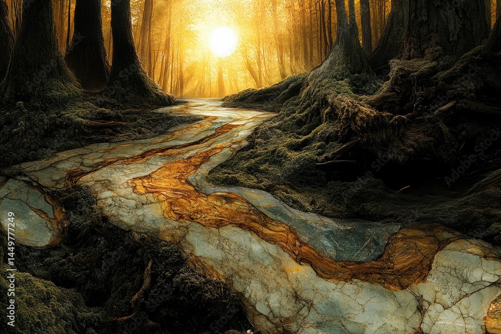 Poster sunlit path through a mystical forest, golden stream flows through mossy rocks.