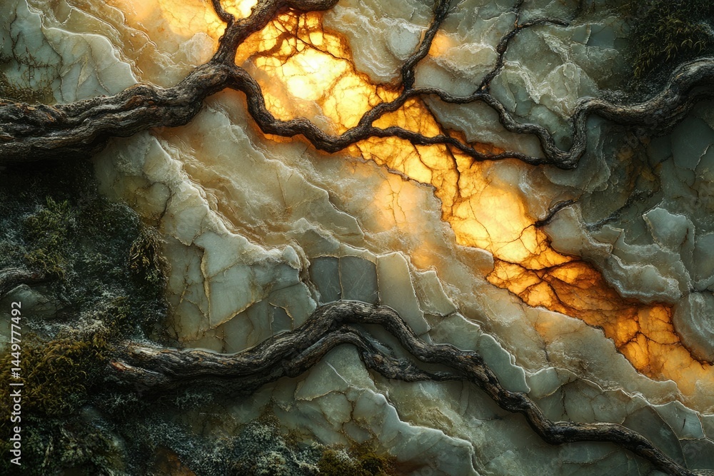 Poster glowing amber veins in a stone, intertwined with dark, gnarled tree roots, creating a mystical scene