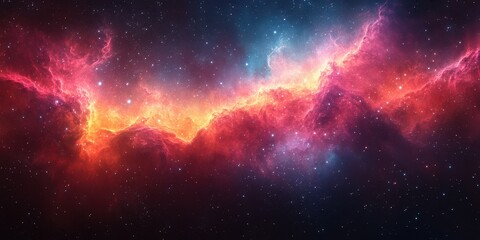 Naklejka premium Vibrant cosmic nebula illuminated by brilliant hues in the vast expanse of space