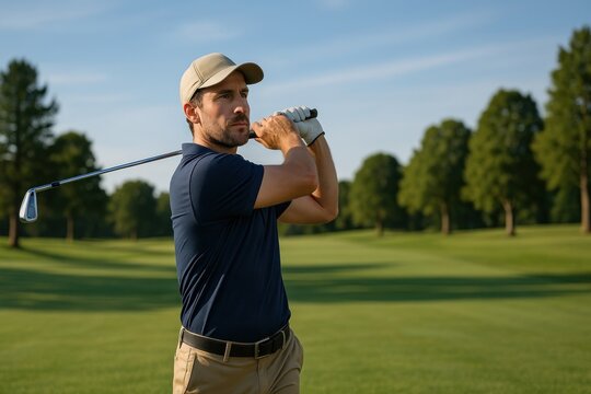 Man golfing on sunny day. - Powered by Adobe