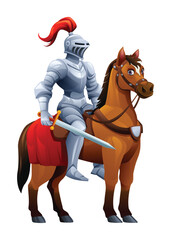 Knight holding sword on a horse, ready for battle. Vector cartoon illustration