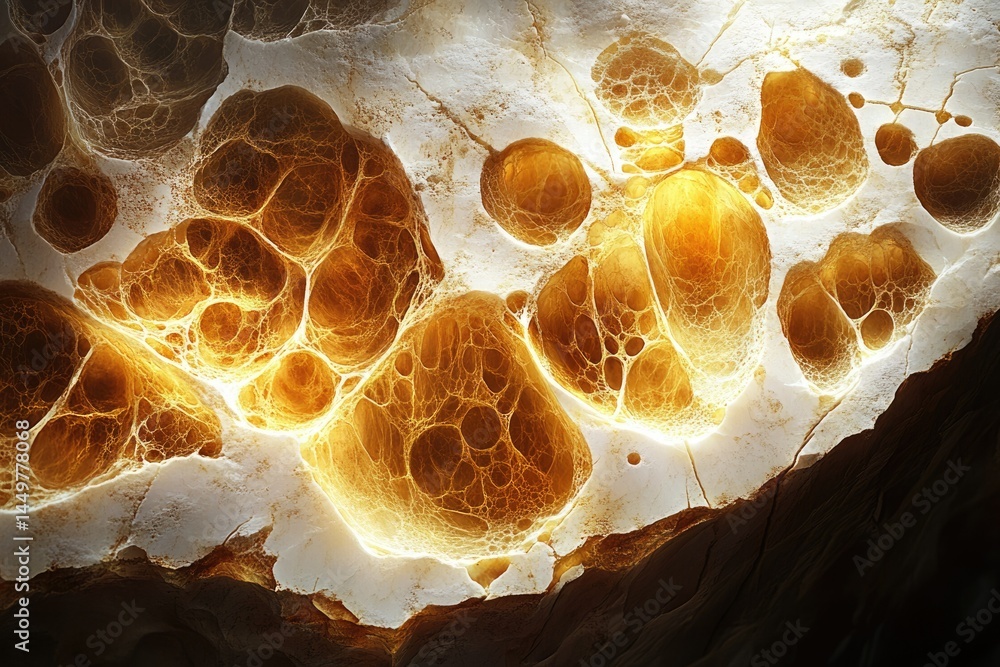 Poster Glowing, organic formations resembling a honeycomb or cellular structure, illuminated from within.