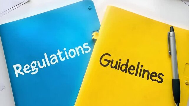 Two folders, one blue and one yellow , with the words, one with the word regulations and the other with the word guidelines , a pen and some papers on a white table