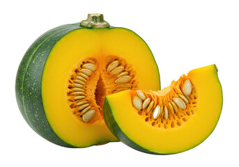 Freshly Cut Green Pumpkin Vibrant Autumn Produce, Seeds and Slices