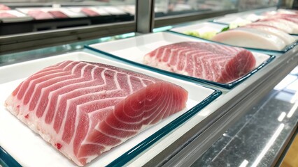 Close-up of marbled tuna under supermarket lights, emphasizing the intricate patterning and clean presentation on glass trays.