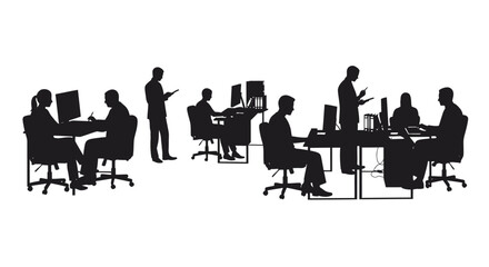 Fototapeta premium Silhouette Illustration of Busy Office Workers Collaborating