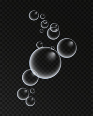 Set of colorful soap bubbles for design creation. Isolated, transparent, realistic soap bubbles on transparent background.