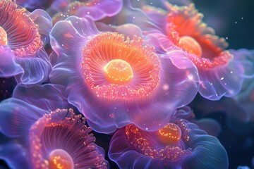 Luminous, ethereal, bioluminescent flowers bloom in a vibrant underwater scene.