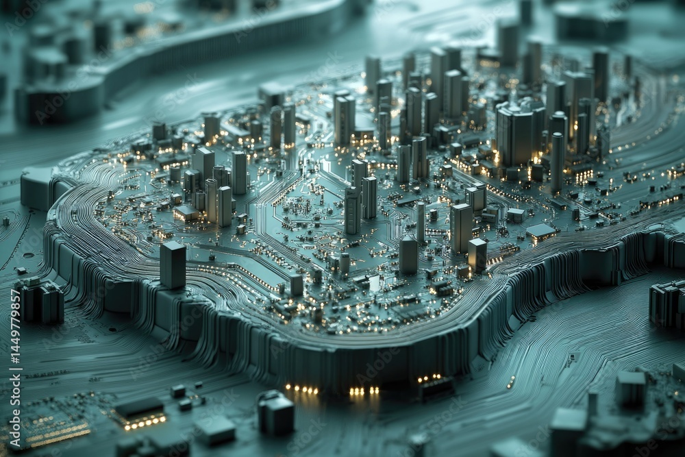 Poster a futuristic city built on a circuit board, showcasing technological advancement and urban integrati