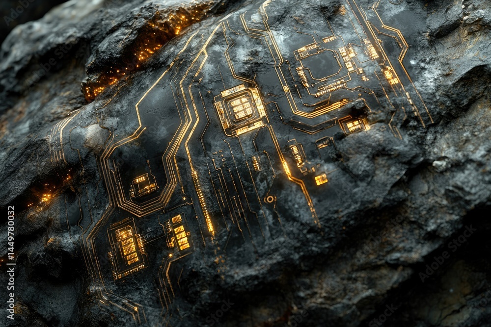 Poster a glowing circuit board embedded within a rough, dark rock, suggesting technological integration wit