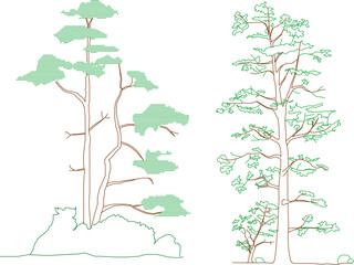 Two stylized trees with brown trunks and sparse green foliage; the left has flat, layered leaves, while the right has finer, more natural-looking branches and leaves.