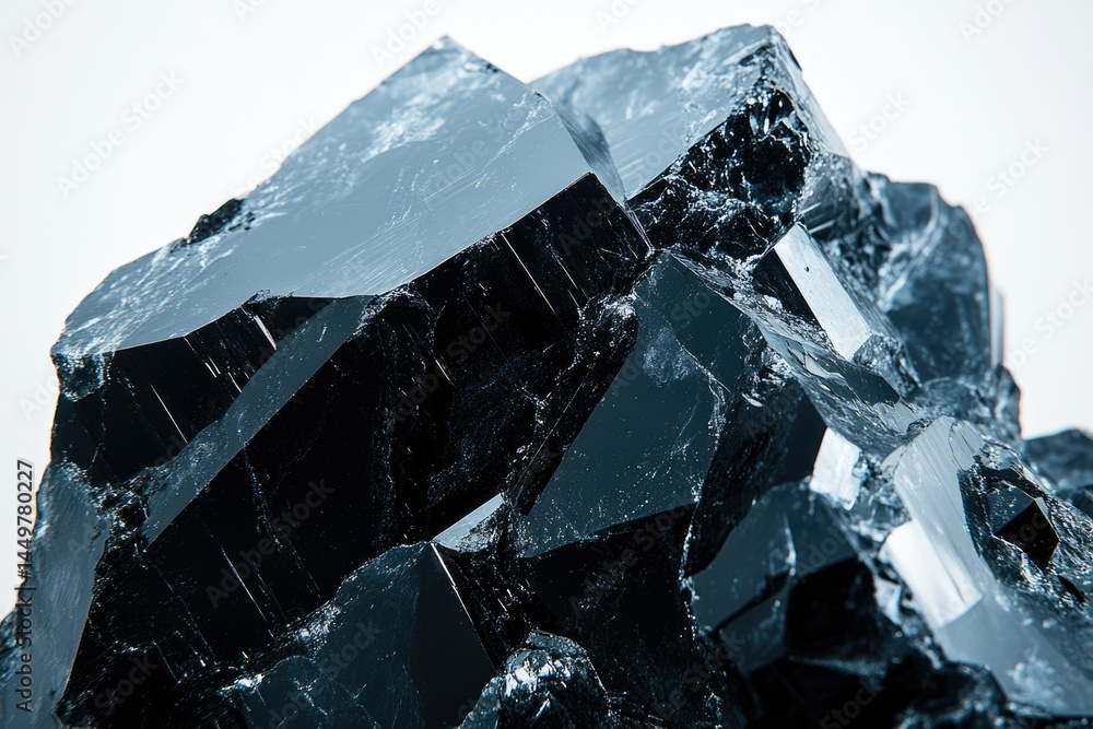 Poster a close-up view of a dark, crystalline mineral structure exhibiting sharp facets and rough textures.