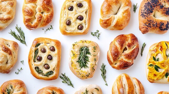 Top down view of decorative French fougasse bread olive herb cuts artfully arranged white background traditional Provenal flatbread from the south of France cut out on isolated transparent background