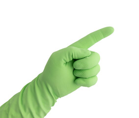 hand in green rubber glove isolated on white background 