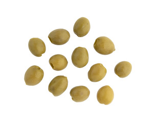 heap of tasty green olives isolated on white background