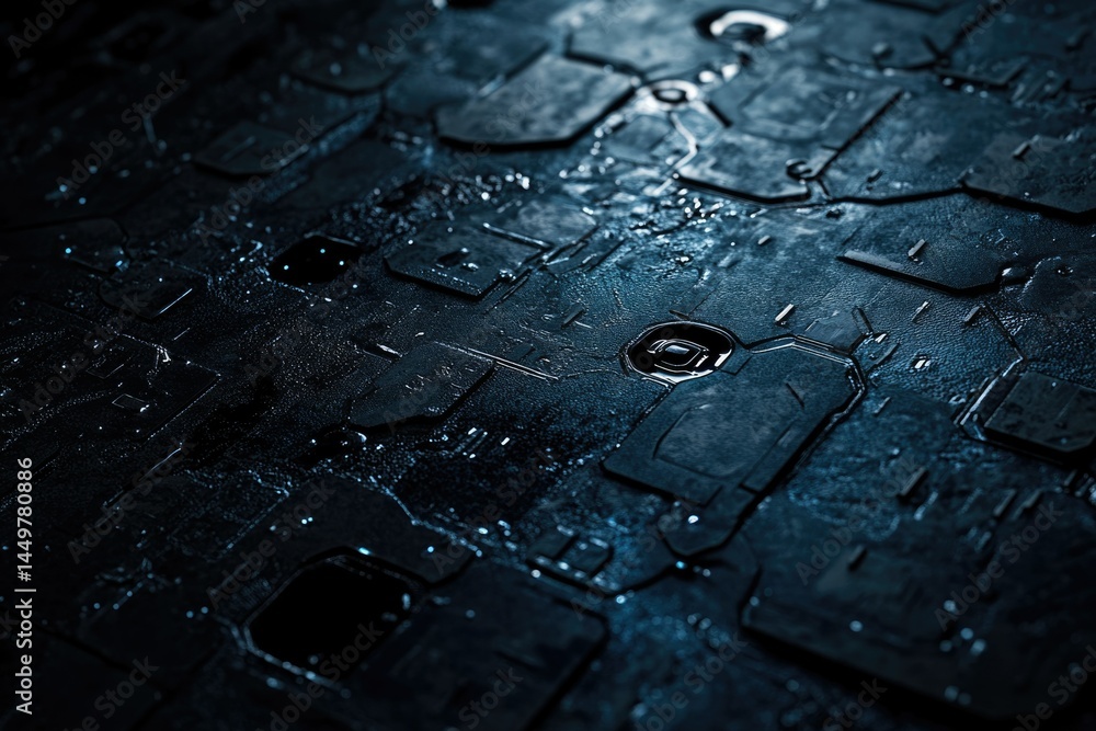 Poster close-up of a dark, wet, futuristic circuit board; intricate details and technological textures.