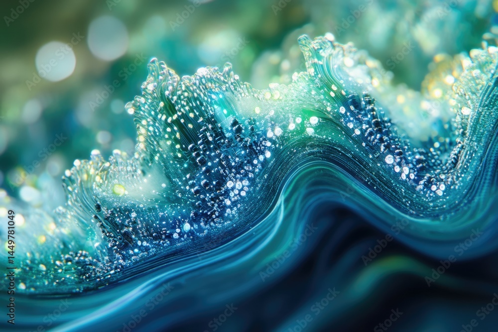 Poster abstract turquoise wave texture with glittering bubbles, resembling a vibrant ocean or gemstone.