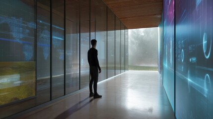 Man Viewing Data on Screens in Modern Hallway
