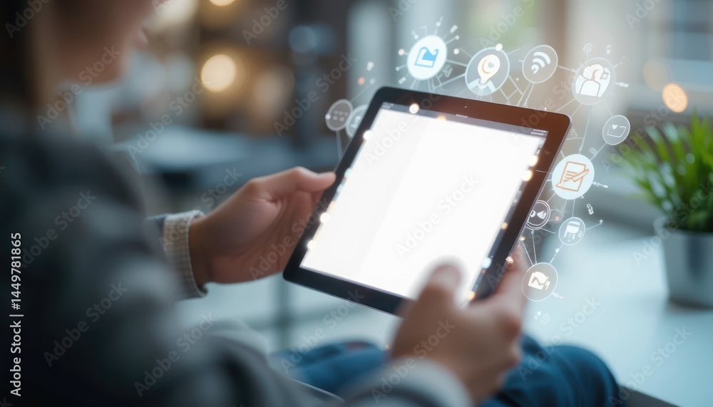 Poster digital connection: a person uses a tablet with interactive network icons