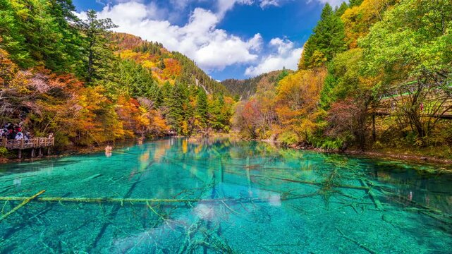 Time lapse of Jiuzhaigou national park in autumn, China.