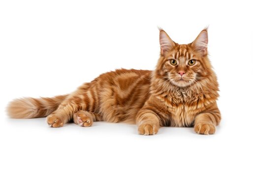 Adorable Ginger Maine Coon Cat Lying Down Fluffy Fur Soft Paws Relaxed Pet Animal Photography Studio - Powered by Adobe