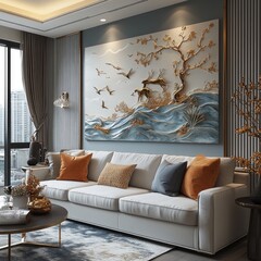 Deer, birds, waves 3D wall art in modern living room