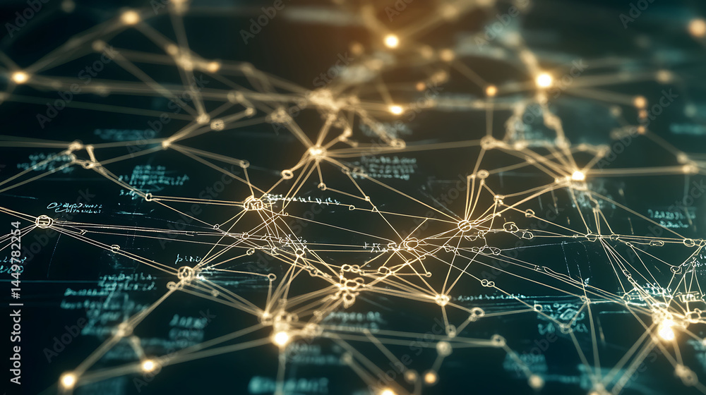 Poster intricate network web graphic, glowing nodes connections over dark background. perfect for tech, ai,