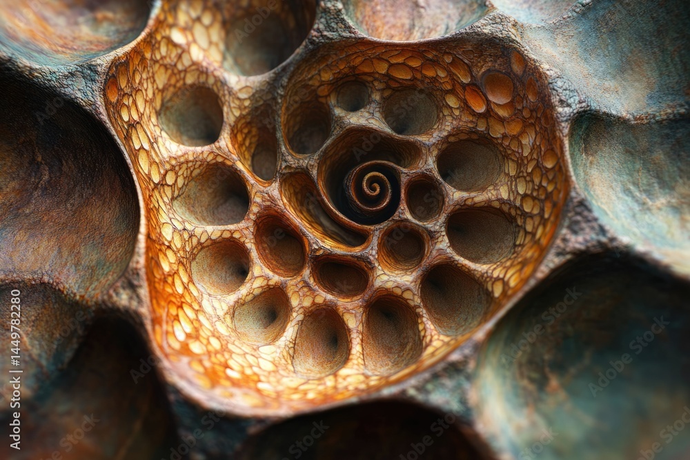 Poster intricate spiral pattern within a textured, organic, golden-brown structure.