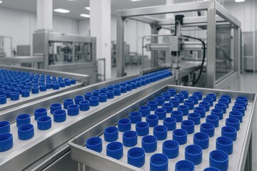 Obraz premium Industrial production line with automated machinery manufacturing blue plastic bottle caps in a clean, high-tech factory environment. 