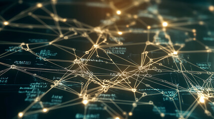 Intricate network web graphic, glowing nodes  connections over dark background.  Perfect for tech, AI, data, and connectivity concepts.  Use in websites, presentations, or reports.
