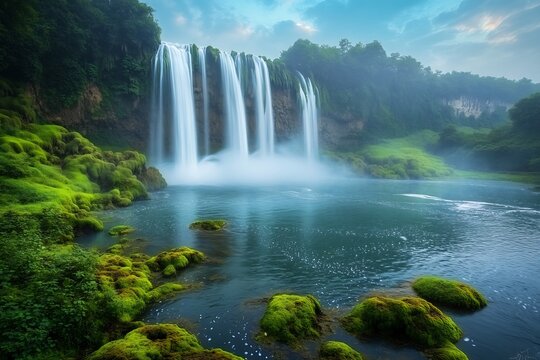 Cascading waterfall surrounded vibrant green moss blue to teal gradient sky soft mist rising from the water dramatic lighting illuminating water droplets lush details