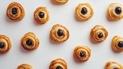 Fototapeta premium Top down view of fresh French pain au chocolat pastry arranged plain white background golden flaky layer filled rich dark chocolate perfect bakery breakfast treat France cut out isolated transparent