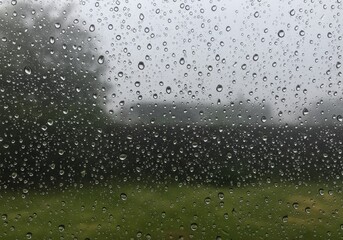 Close-up of raindrops on window overlooking blurry greenery