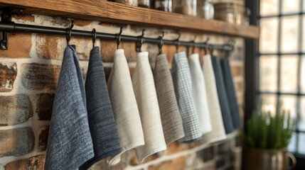 A row of assorted kitchen towels hanging indoors from a hook rack