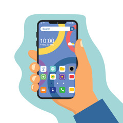 Hand holding modern cell phone with home screen smartphone interface. Touchscreen device with search bar and forecast. Start screen with app icons, shortcuts. Vector flat cartoon illustration