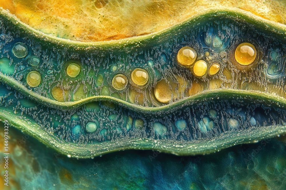 Poster microscopic view of vibrant, multicolored cells with translucent bubbles, resembling an abstract lan