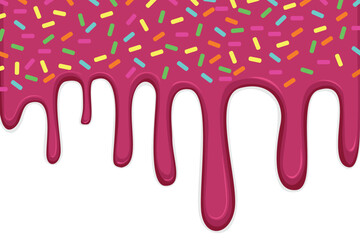 Abstract vector cover with purple ice cream dripping with sprinkles. Delicious food background