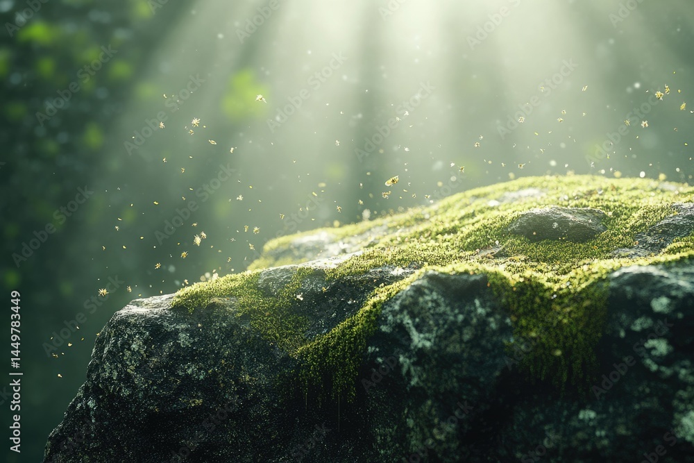 Poster Sunlit mossy rock with floating particles in a serene forest setting.