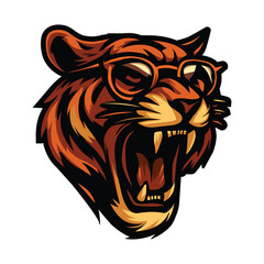 Roaring tiger wearing glass vector logo illustration